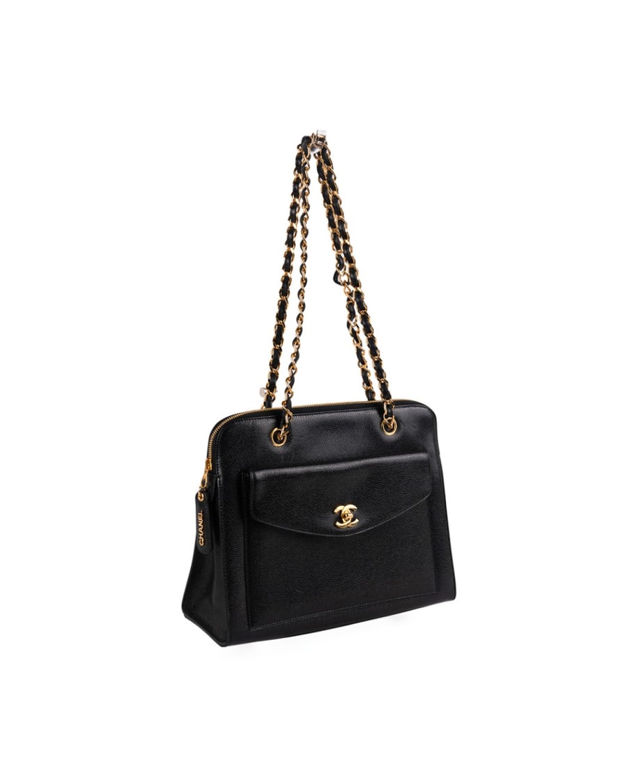 CHANEL VINTAGE CAVIAR LEATHER FRONT POCKET BAG: Chanel (French, founded 1910), 1997 - 1999. Vintage black caviar leather front pocket shoulder bag with zip top closure, gold toned hardware, chain and leather double straps, CC logo turn lock to fron