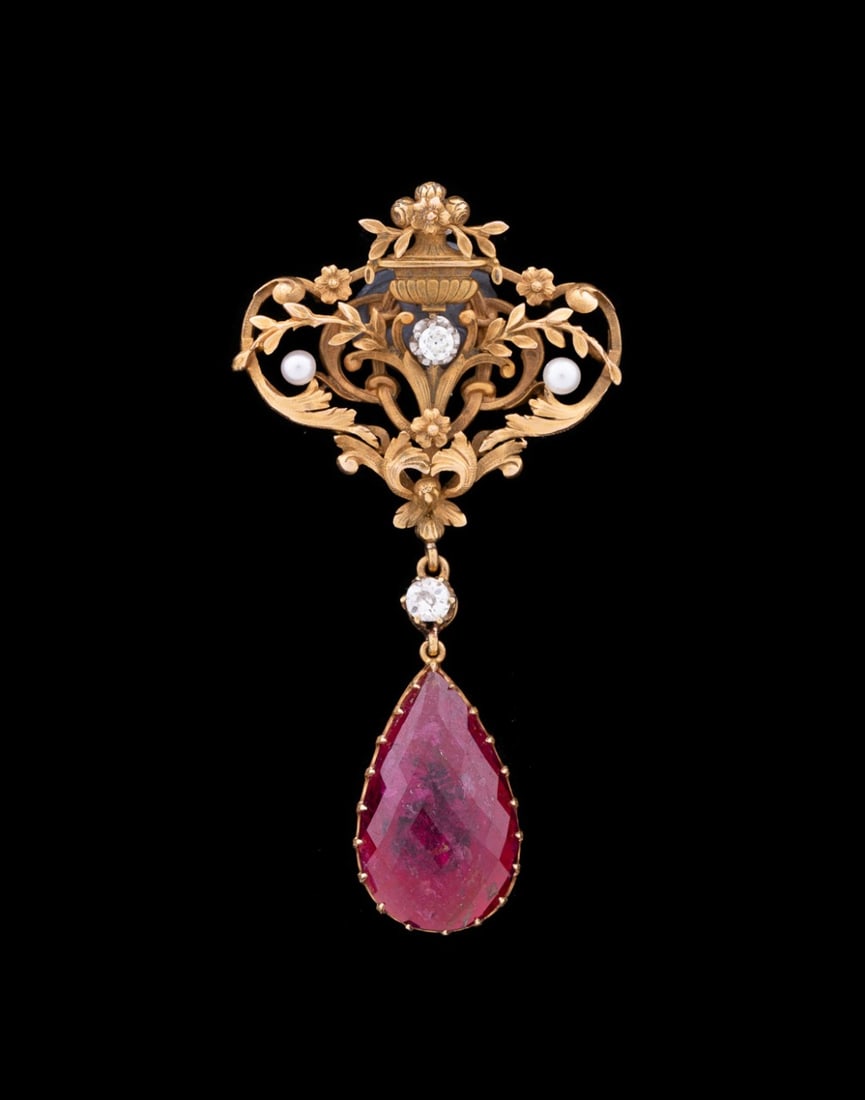 VICTORIAN RUBELLITE, DIAMOND, PEARL PENDANT: Antique Victorian rubellite, diamond, and pearl pendant featuring (1) briolette cut pear shape rubelite weighing approximately 12.50 total carats, (2) old mine cut diamonds weighing approximately 0.40