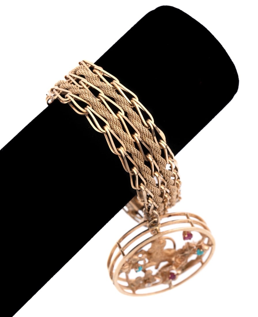 14K YELLOW GOLD WOVEN BRACELET W/ TWO CHARMS (1 of 10)