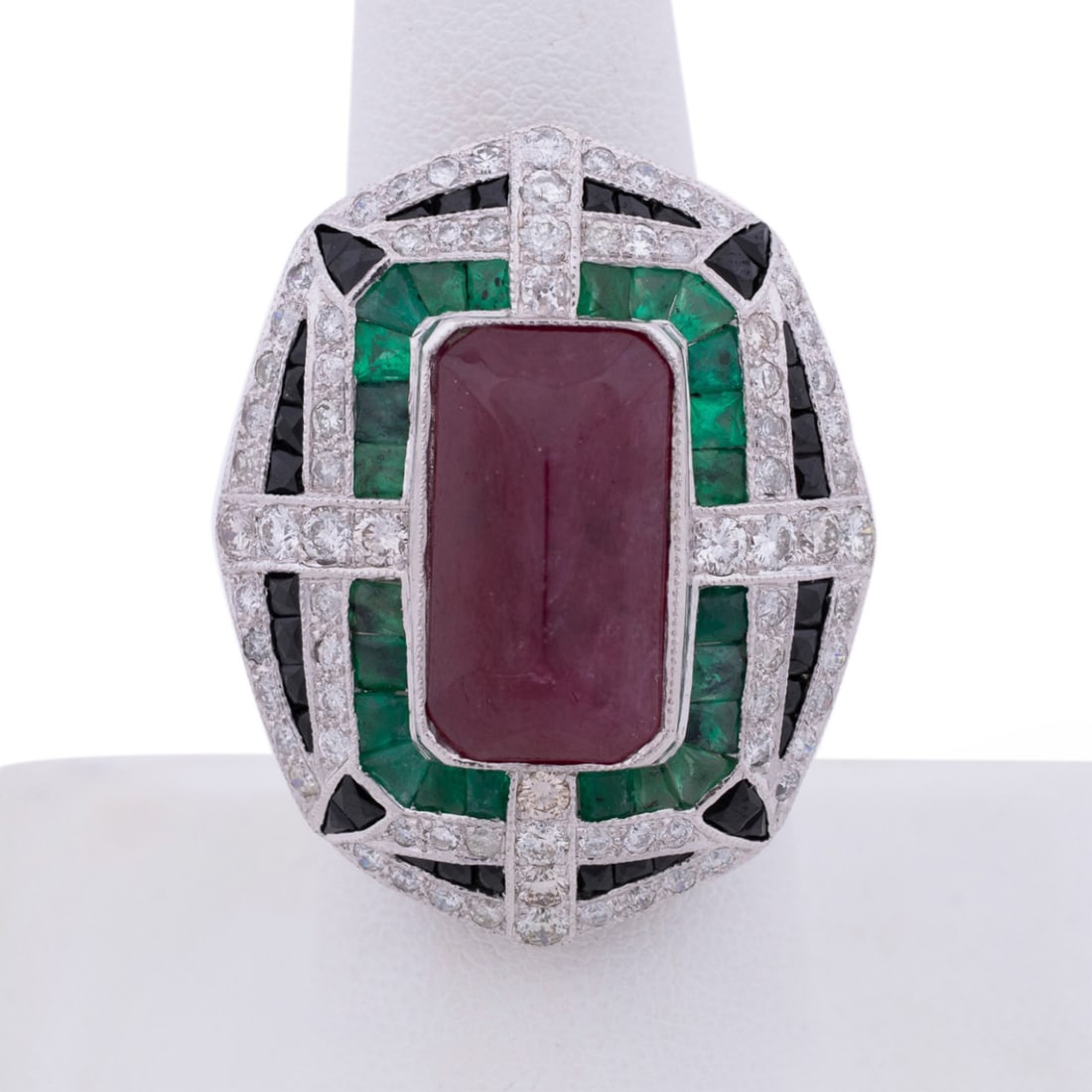 RUBY, EMERALD, DIAMOND, AND ONYX RING, 18K WG (1 of 6)