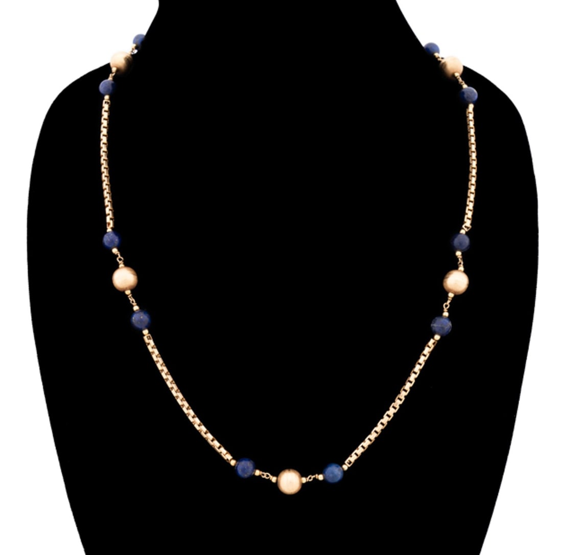 LAPIS & 14K GOLD BEADED SQUARE LINK CHAIN NECKLACE: Lapis lazuli, gold bead, and square link chain necklace in 14k yellow gold. Stamped FBM, 585 / 14k to clasp link. Approximate dimensions: l. 31", gold bead dia. 10mm, lapis bead dia. 8mm; total weight