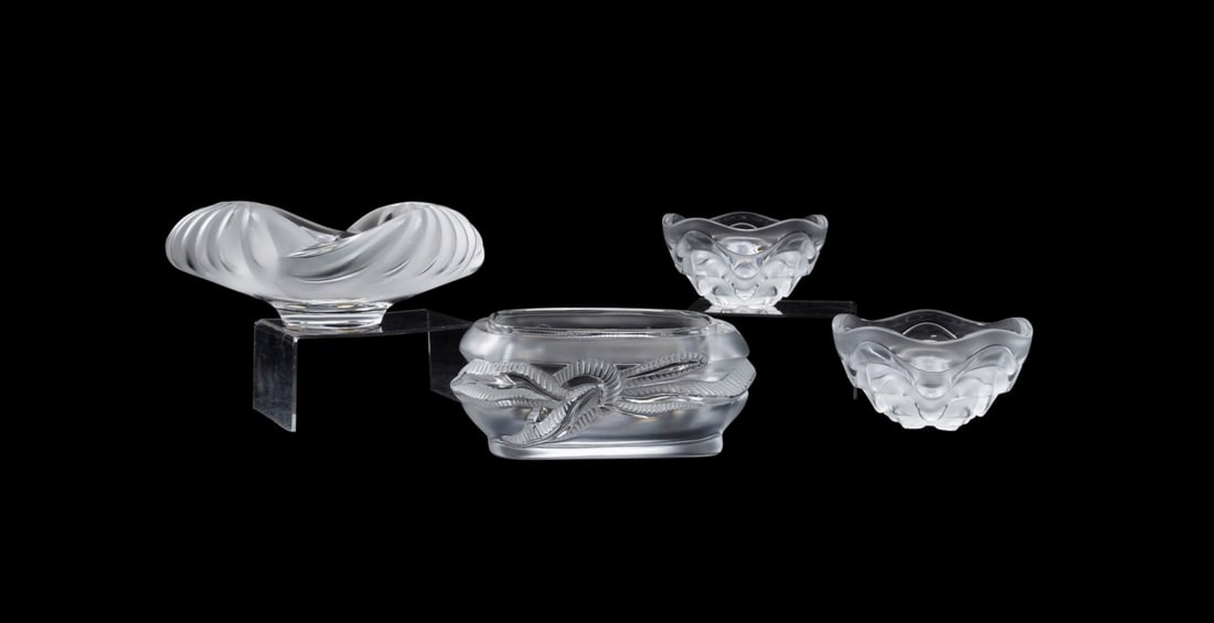 LALIQUE, FOUR COLORLESS CRYSTAL BOWLS (1 of 8)