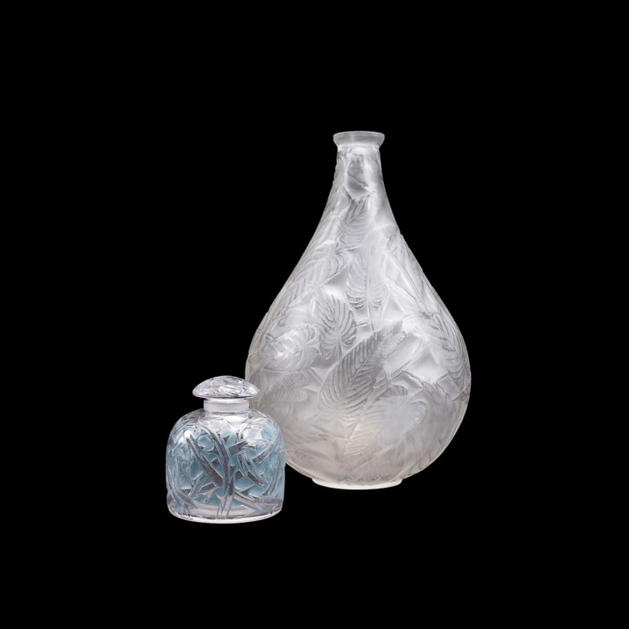 RENE LALIQUE, PERFUME BOTTLE AND VASE, C. 1920S (1 of 8)
