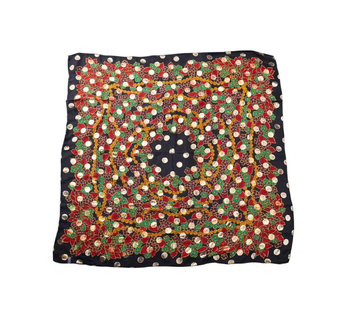 CHANEL SILK AND GOLD LAME FLORAL POLKA DOT SCARF (1 of 7)