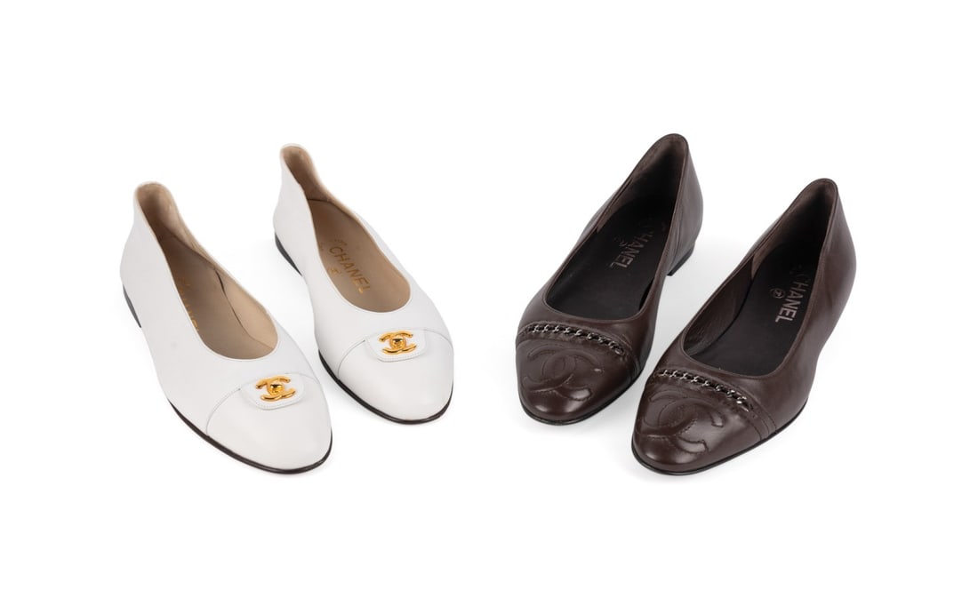 TWO PAIRS OF CHANEL LEATHER FLATS IN BROWN & WHITE (1 of 14)