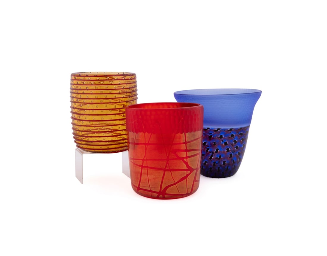 THREE DIOR ART GLASS VASES IN RED, BLUE AND YELLOW (1 of 8)