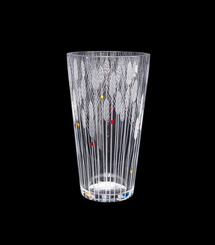 CATHERINE CHAILLOU FOR BACCARAT, LADYBUG VASE: Catherine Chaillou (French, born 1959) for Baccarat (French, founded 1764), late 20th to early 21st century. Limited edition colorless crystal vase, having etched wheat stalk motif and red and yellow