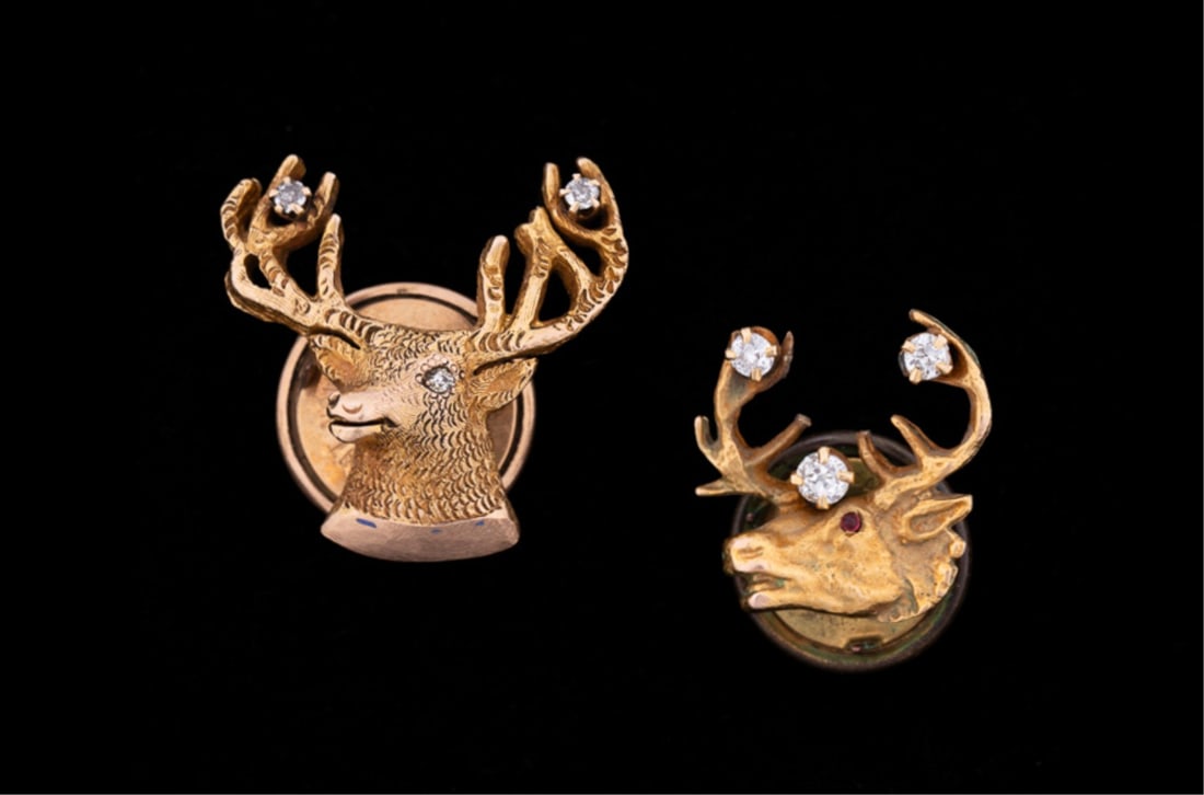 TWO DIAMOND & 14K YELLOW GOLD BUCK HEAD PINS (1 of 8)