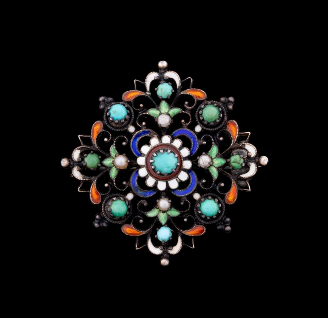 VINTAGE BROOCH W/ PEARLS & BLUE / GREEN STONES: Vintage pin / brooch with (4) small round pearls, turquoise and green stones, and multi-colored enamel. Tested as silver to pin, copper to hook, and sterling silver to body. Apparently unmarked. Appro