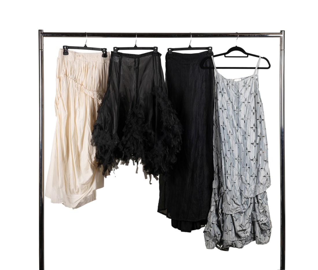 FOUR IVAN GRUNDAHL AND K. LARSON CLOTHING ITEMS: Krista Larson (American, founded 1994) and Ivan Grundahl (Danish, founded 1973). Group of four women's clothing items comprised of one Krista Larson blue and grey laser cut striped silk dress, one Kri