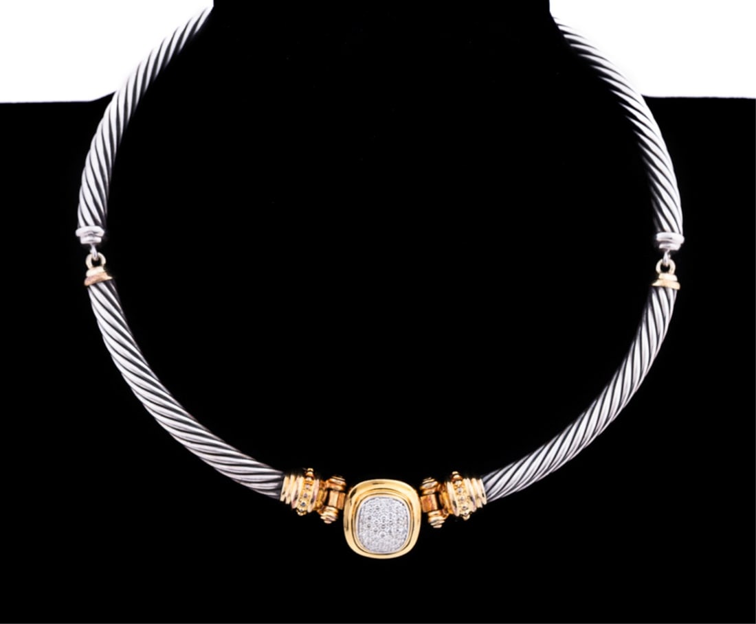 DAVID YURMAN DIAMOND, SS & 18K YG CHOKER NECKLACE: David Yurman (American, founded 1980). Cable choker necklace in sterling silver and 18K yellow gold, with a pendant with round brilliant cut pave diamonds, and a lobster claw clasp. Marked "D.Y.", "92
