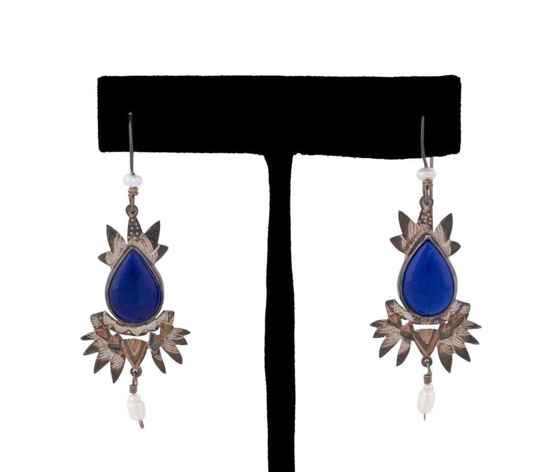 PAT GARRETT LAPIS LAZULI & PEARL DANGLE EARRINGS: Pat Garrett (Contemporary). Pair of dangle earrings in mixed metal, each comprising a pear-shaped lapis lazuli and a cultured pearl accent. Stamped with maker's mark to the back. Provenance: Private C