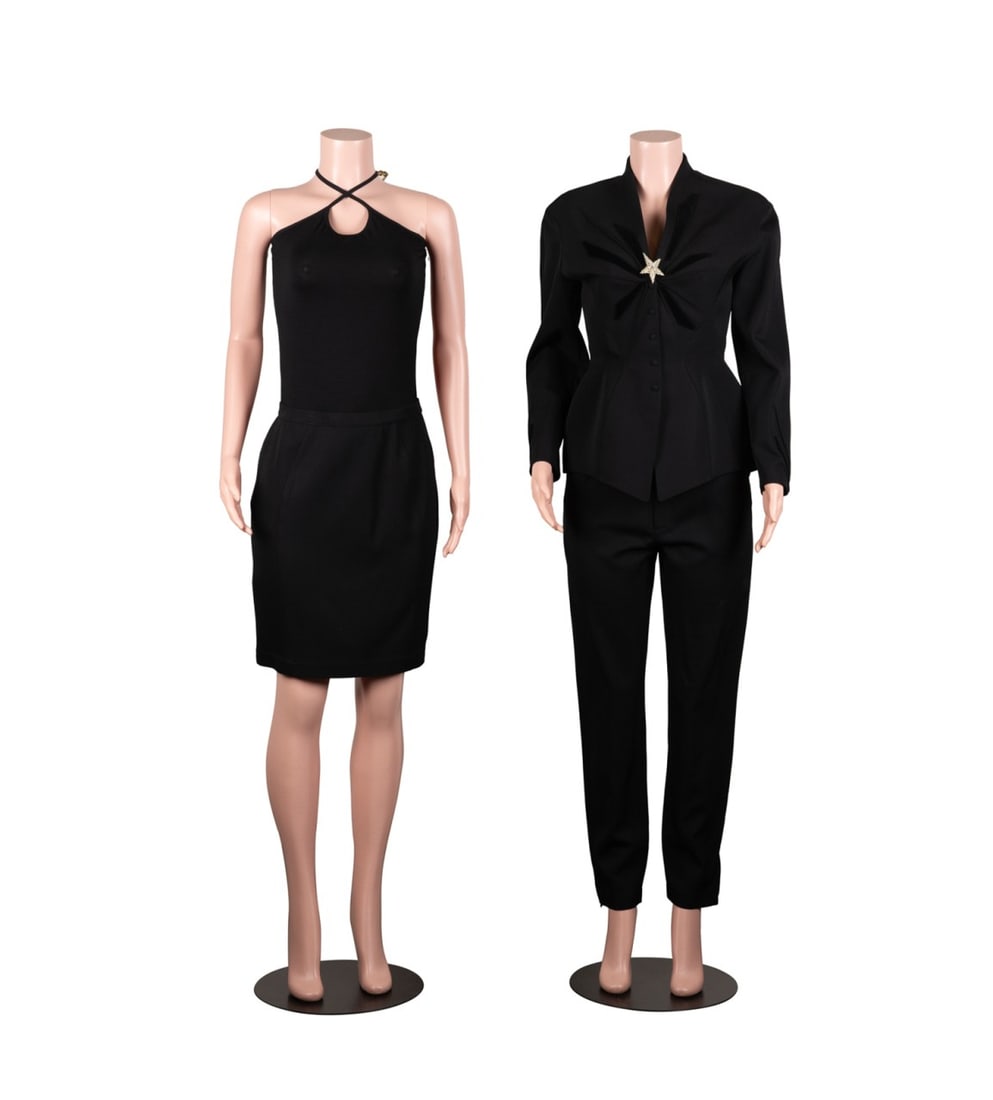 THIERRY MUGLER VINTAGE THREE PIECE SUIT SET: Thierry Mugler (French, founded 1974), circa 1990. Vintage three piece women's wool suit set comprised of a blazer jacket, cigarette pants, and a pencil skirt, jacket with Mugler's iconic star logo cr