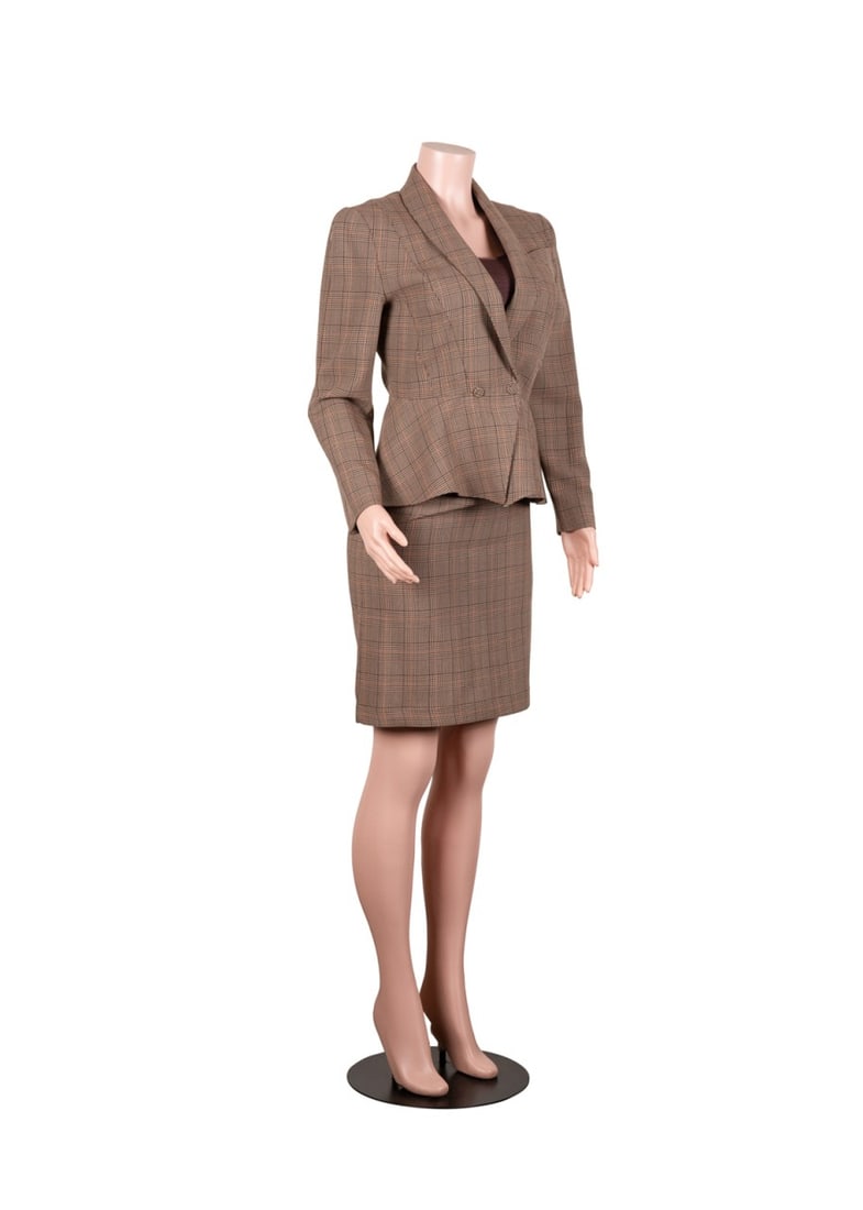 THIERRY MUGLER BROWN PLAID SKIRT SUIT WITH BELT (1 of 8)