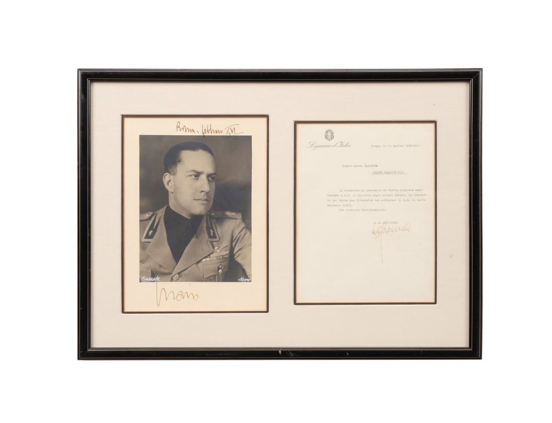 GALEAZZO CIANO SIGNED PHOTO & ACCOMPANYING LETTER: Galeazzo Ciano (1903-1944) signed photograph and letter. Black and white photograph of Ciano, Italian diplomat and politician who served as Minister of Foreign Affairs in the government of his father-