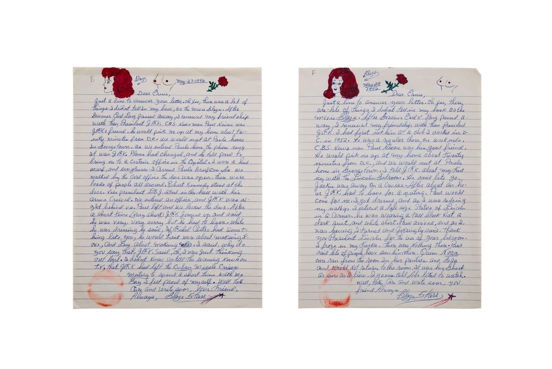 BLAZE STARR PERSONAL HANDWRITTEN LETTERS, 1996: Two pieces of ALS (Autographed Letter Signed) by Blaze Starr (1932-2015, born Fannie Belle Fleming), burlesque dancer and stripper, addressed to "Ernie" dated May 27 and 29, 1996 detailing an alleged