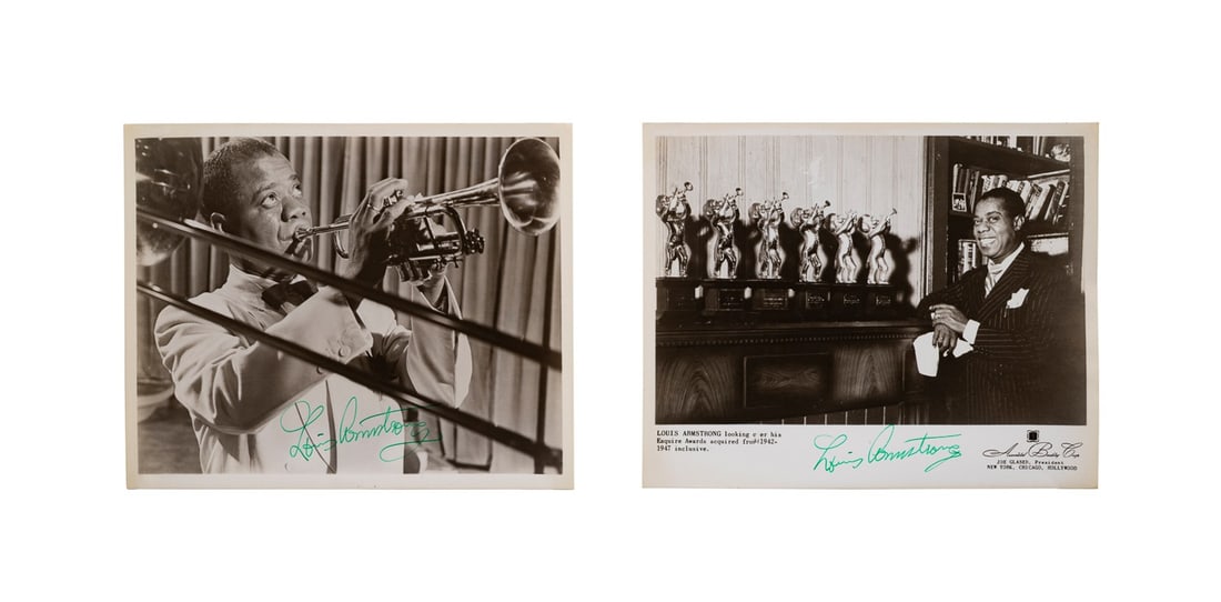TWO SIGNED LOUIS ARMSTRONG PHOTOGRAPHS, 1940S-50S (1 of 8)