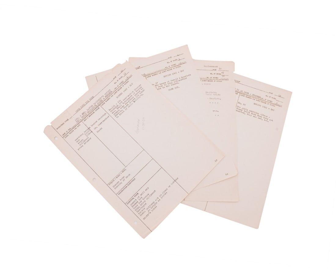 'GONE WITH THE WIND', FOUR FILM PRODUCTION SHEETS: Four original 'Gone With the Wind' production sheets listing the scenes to be filmed, the characters who were involved, and essential props, notation in graphite "Discarded 1-30-39" to page 20.