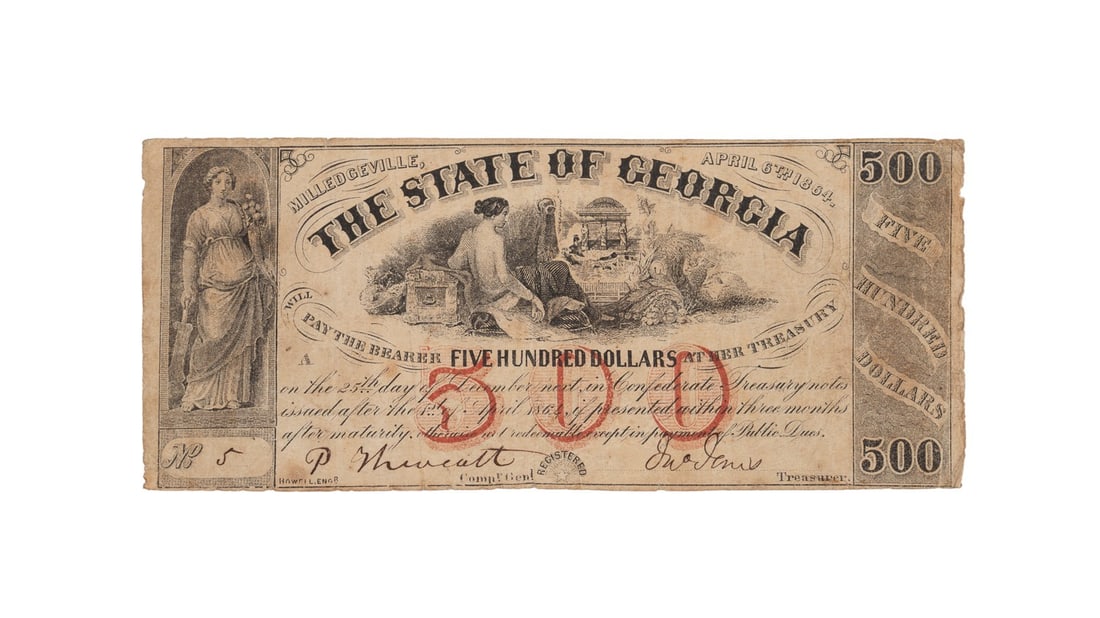$500 STATE OF GEORGIA 1864 BANK NOTE SERIAL #5 (1 of 5)