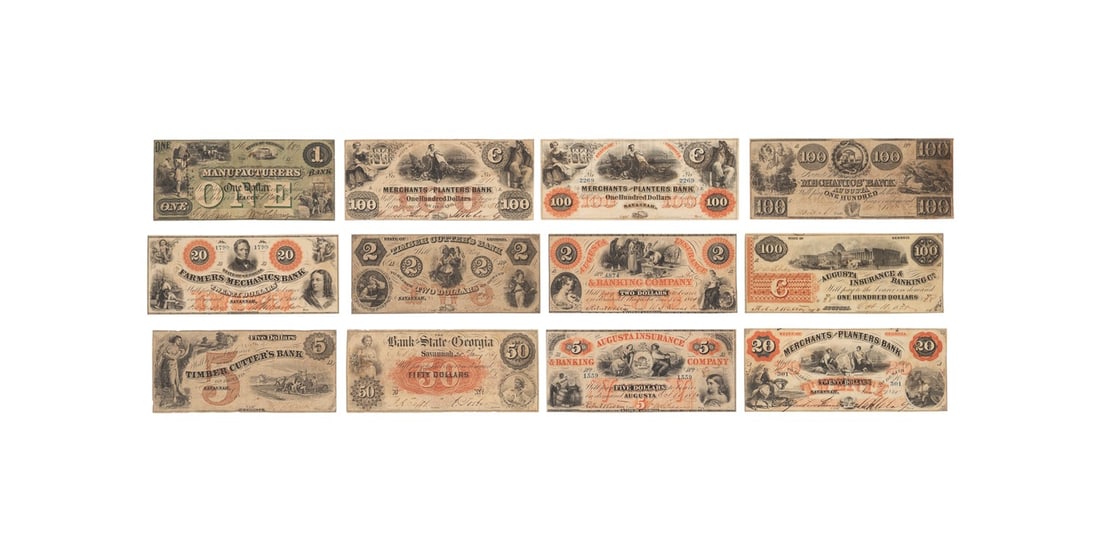 TWELVE CIVIL WAR AND PRIOR GEORGIA BANK NOTES (1 of 4)