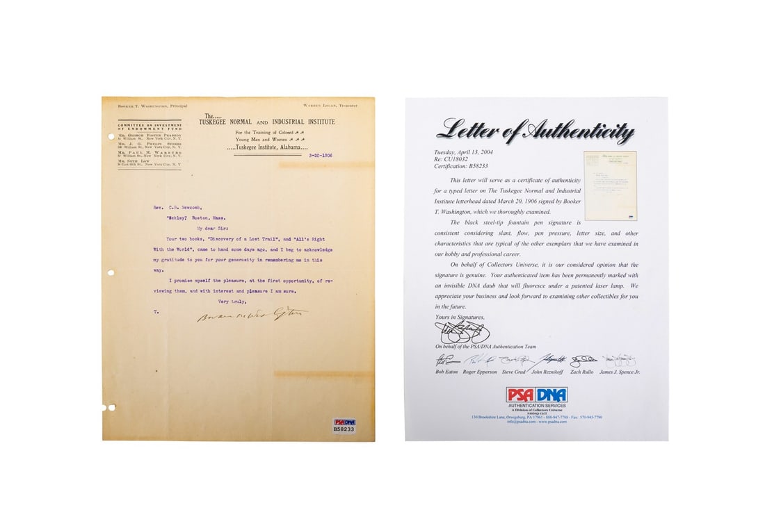 BOOKER T. WASHINGTON TYPED SIGNED LETTER, 1906: TLS (Typed Letter Signed) by Booker T. Washington (1856-1915), dated March 20, 1906, on Tuskegee Normal and Industrial Institute letterhead, addressed to C. B. Newcomb, thanking Newcomb for the gift