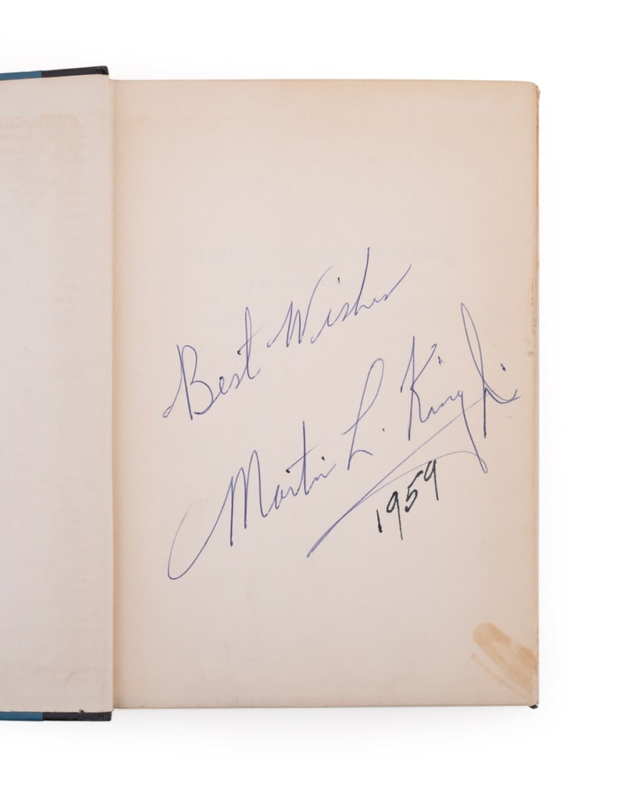 SIGNED 'STRIDE TOWARD FREEDOM', 1ST ED., 2ND PRINT: Dr. Martin Luther King, Jr (1929-1968). "Stride Toward Freedom: The Montgomery Story", New York: Harper & Brothers, 1958, first edition, second printing (with publisher's code I-H on copyright page),