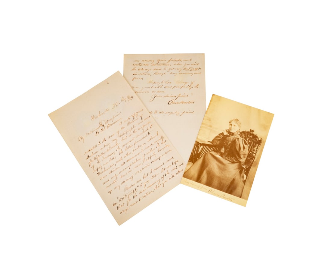 AUTOGRAPHED LETTER SIGNED CLARA BARTON, 1891: ALS (Autographed Letter Signed) by Clara Barton (1821-1912), ink on lightly lined bifolium stationary, dated August 29, 1891, Washington, DC. Addressed to My esteemed and old friend, Lt. Col.