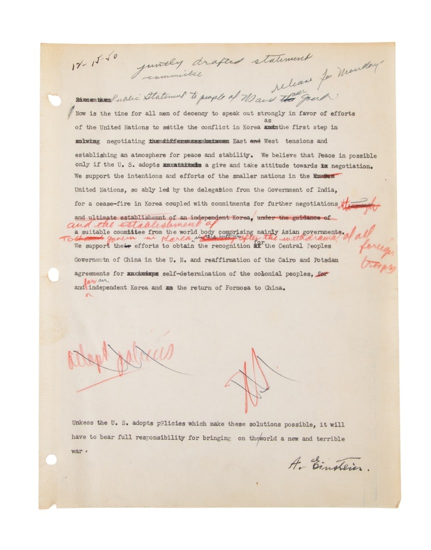 ALBERT EINSTEIN SIGNED STATEMENT DRAFT ON KOREA (1 of 11)