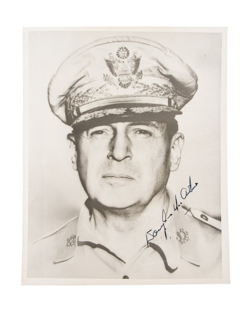 GENERAL DOUGLAS MACARTHUR SIGNED PHOTOGRAPH: General Douglas MacArthur (1880-1964) signed photograph, black and white portrait of the American five-star WWII general in his military uniform, signed "Douglas MacArthur" in permanent marker to LR. 
