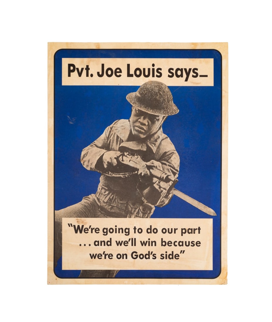 JOE LOUIS WORLD WAR II PROPAGANDA POSTER, SMALLER: World War II Propaganda Poster featuring Heavyweight Boxing Champion Joe Louis (1914-1981).' Pvt. Joe Louis says -- "We're going to do our part, and we'll win because we're on God's side" ' from the U