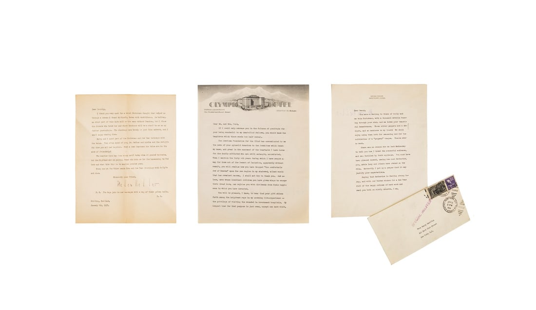 HELEN KELLER EPHEMERA, GROUP OF 3 LETTERS, SIGNED (1 of 10)