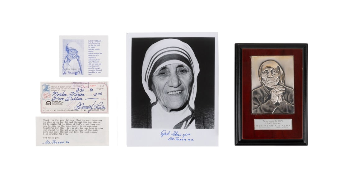 MOTHER TERESA, 5 PIECES OF EPHEMERA, 4 SIGNED (1 of 12)