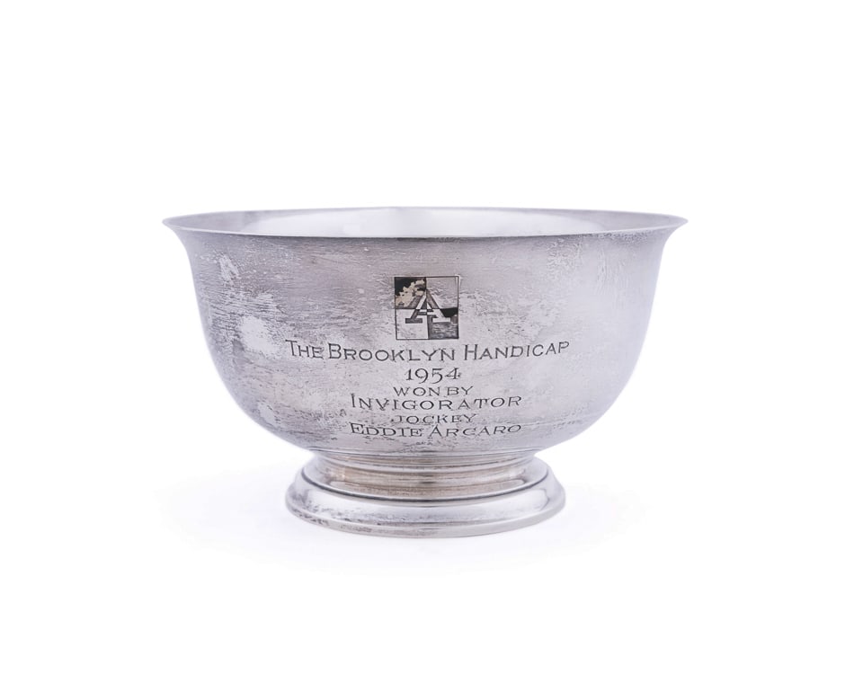 STERLING TROPHY OF KENTUCKY DERBY INTEREST, 1953: Gorham Mfg. Co. (American, founded 1831), 1953. Sterling silver "Paul Revere" bowl equestrian horse racing trophy of Kentucky Derby interest engraved, "THE BROOKLYN HANDICAP / 1954 / WON BY INVIGORATO