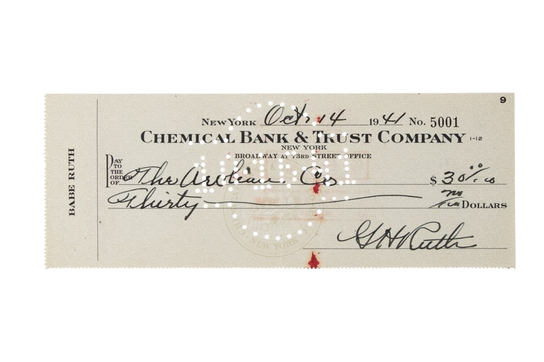 BABE RUTH 1941 SIGNED CHECK TO THE AEOLIAN CO. (1 of 6)