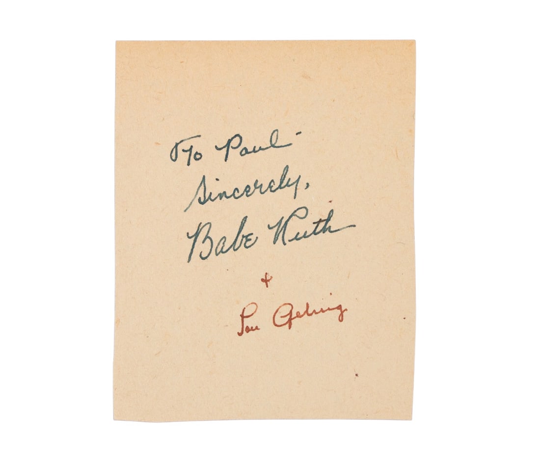 BABE RUTH, LOU GEHRIG DOUBLE SIGNED NOTE, C 1930S (1 of 4)