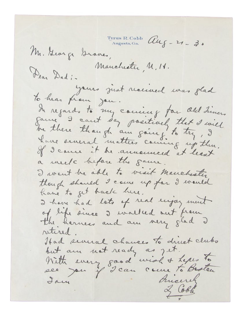 TY COBB 1930 SIGNED LETTER TO GEORGE GROVE (1 of 5)