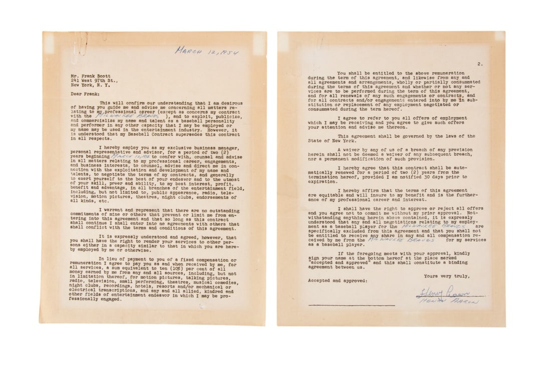 HANK AARON SIGNED MANAGER CONTRACT, 1954 (1 of 8)