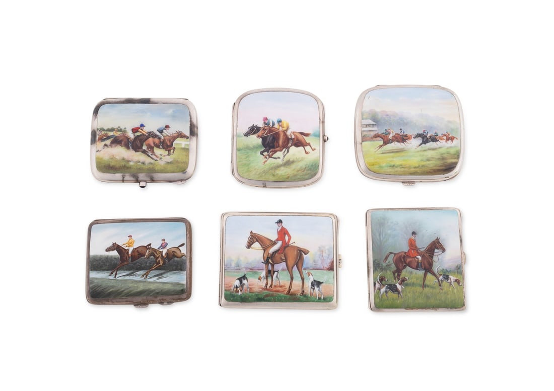 6 EQUESTRIAN MOTIF ENAMEL & SILVER CIGARETTE CASES (1 of 19)