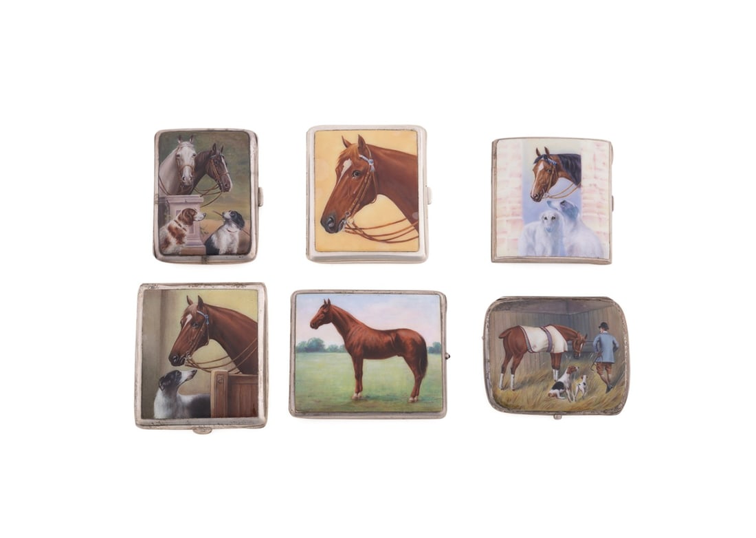 6 HORSE & DOG ENAMEL & SILVER CIGARETTE CASES: Various manufacturers (Continental), early 20th century. Group of six horse and dog country pursuits motif enamel and silver cigarette cases comprising, three possibly Swiss .935 silver cases, a case