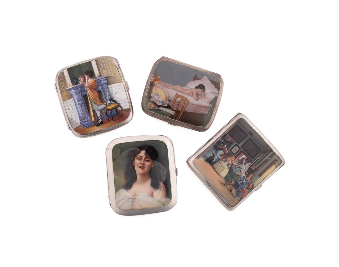 4 LADY MOTIF ENAMEL & SILVER CIGARETTES CASES (1 of 11)