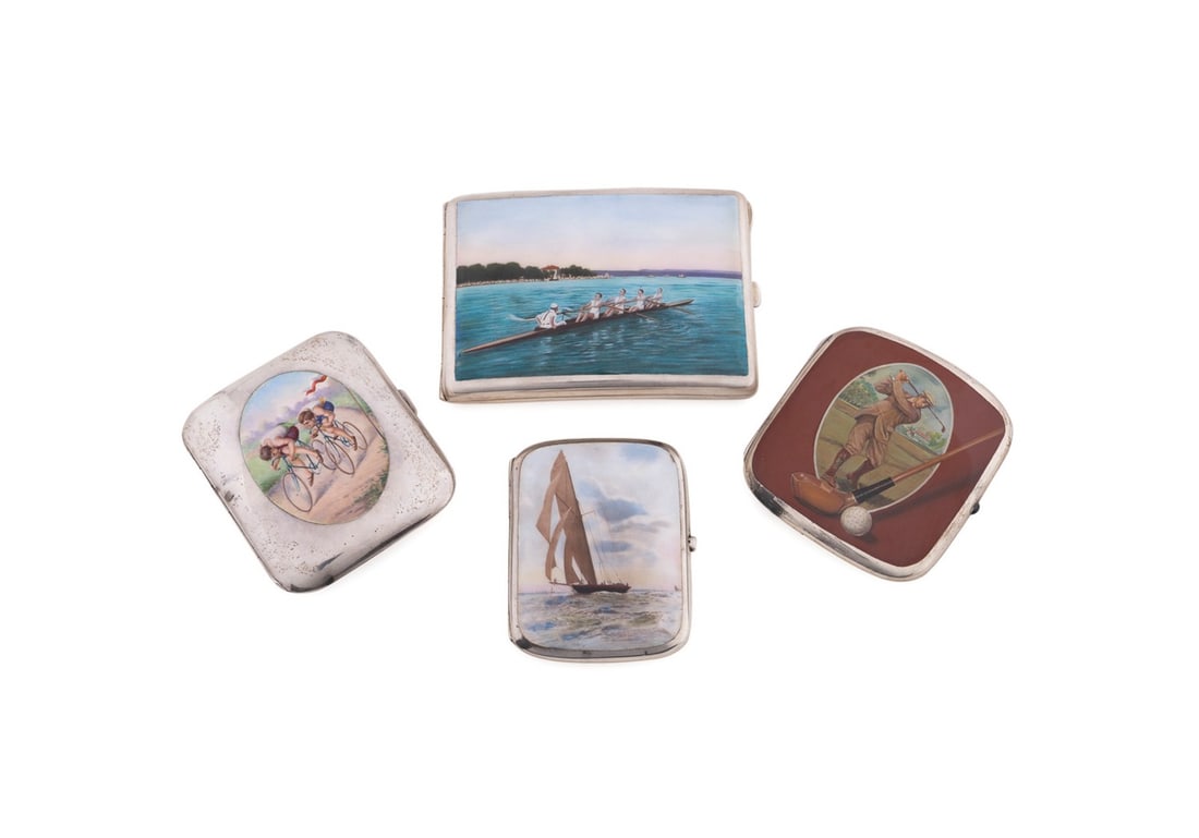 4 SPORTS MOTIF ENAMEL & SILVER CIGARETTE CASES (1 of 17)