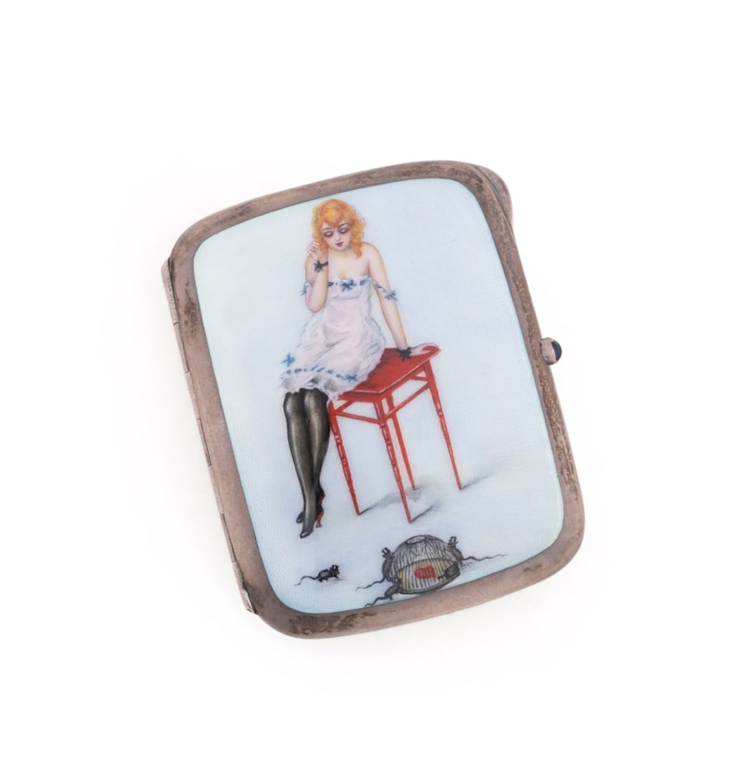 PIN-UP GIRL ENAMEL & .935 SILVER CIGARETTE CASE: Continental, possibly Swiss, early 20th century. Engine turned guilloche, enamel and sterling .935 silver cigarette case, having an allegorical scene of a pin-up girl watching mice wearing top hats su