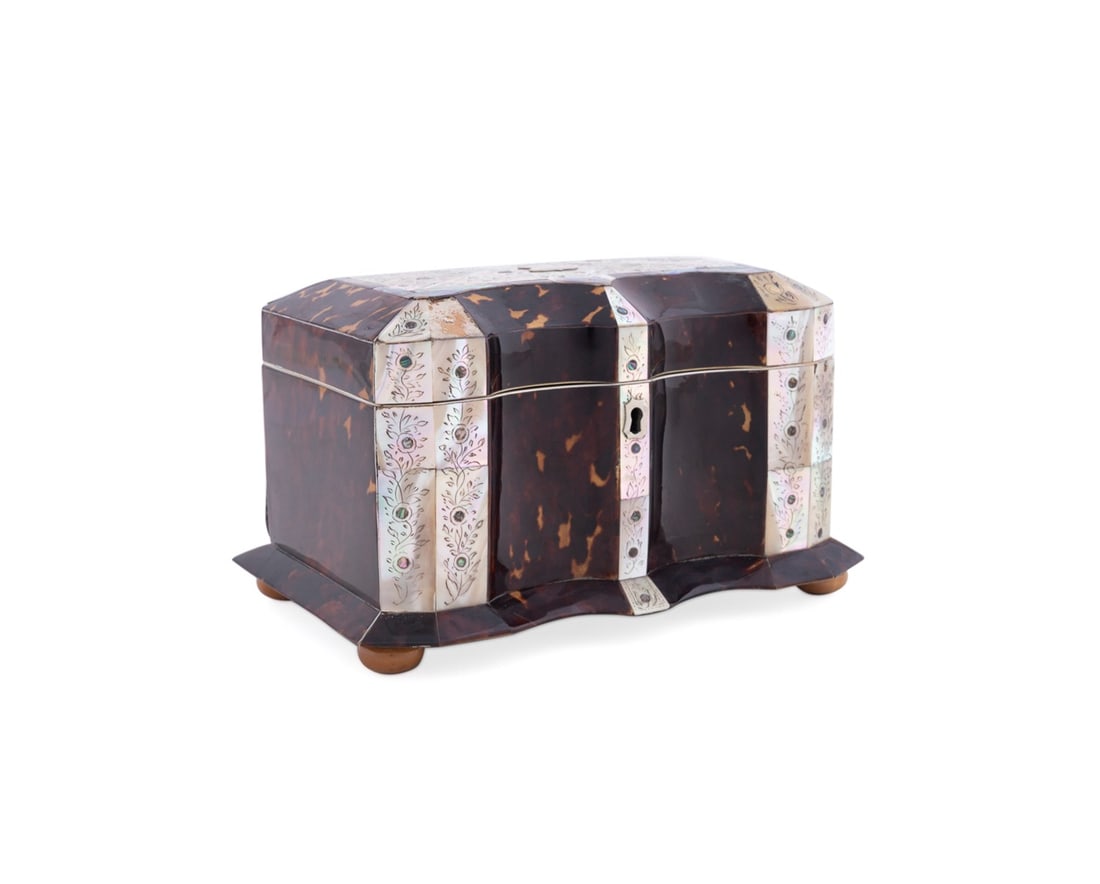 19TH C. REGENCY MOP & ABALONE SHELL TEA CADDY: English, 19th century. Regency serpentine front mother of pearl and abalone inlaid tea caddy; having engraved florals in diamond cartouches, shield form plate for monogram (no monogram present), front