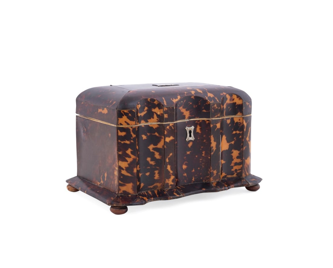 19TH C. REGENCY SERPENTINE SHELL VENEER TEA CADDY: English, 19th century. Regency serpentine front shell veneer, bone, and silver tea caddy, having rounded edge lid with a silver cartouche for monogram (no monogram present), fitted interior with two l