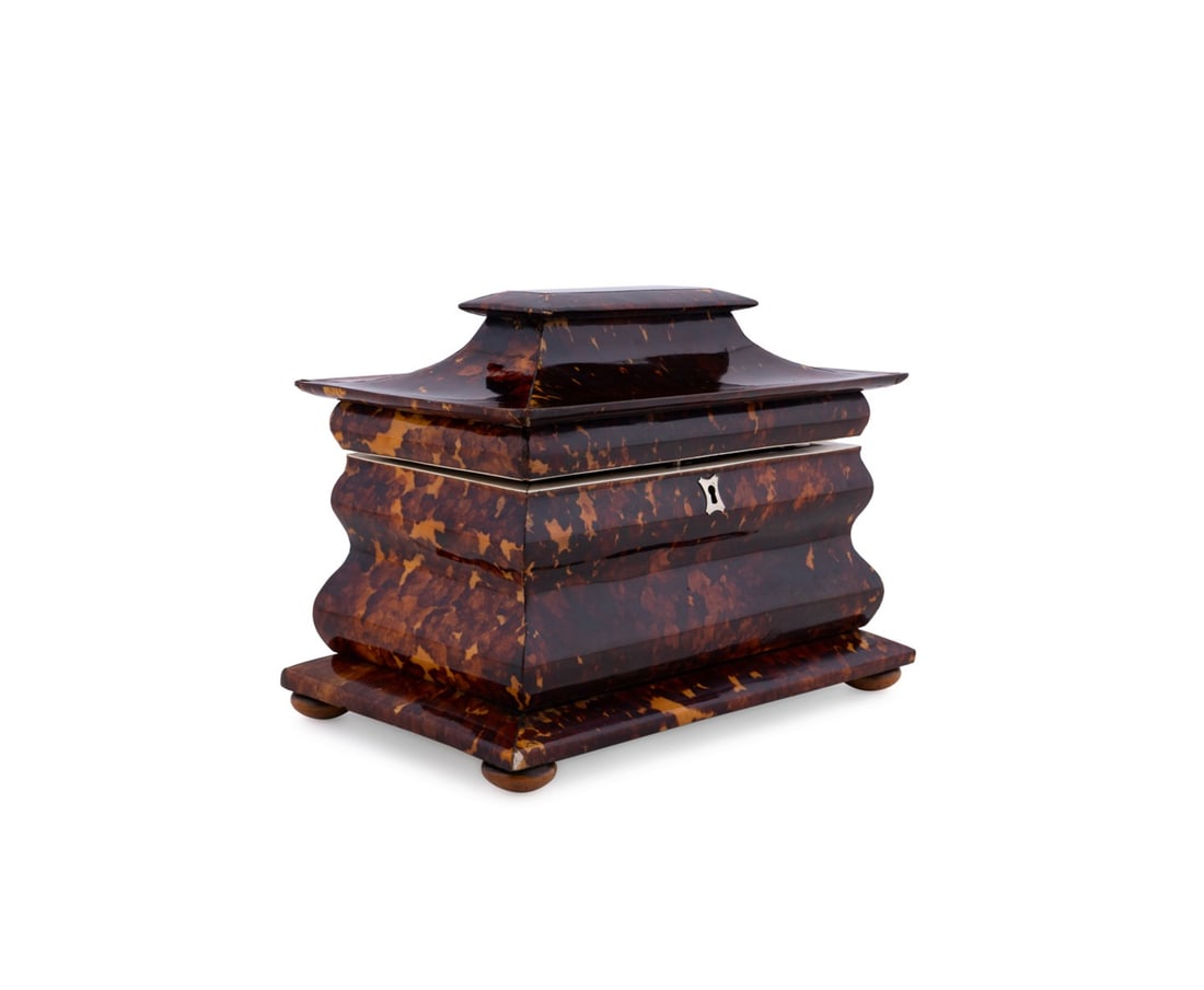 19TH C. LARGE SHELL VENEER PAGODA LID TEA CADDY: English, first half 19th century. Early Victorian shell veneer tea caddy, having a pagoda shaped lid, two fitted interior lidded compartments with bone pulls, ogee moulded body having bone trim to int
