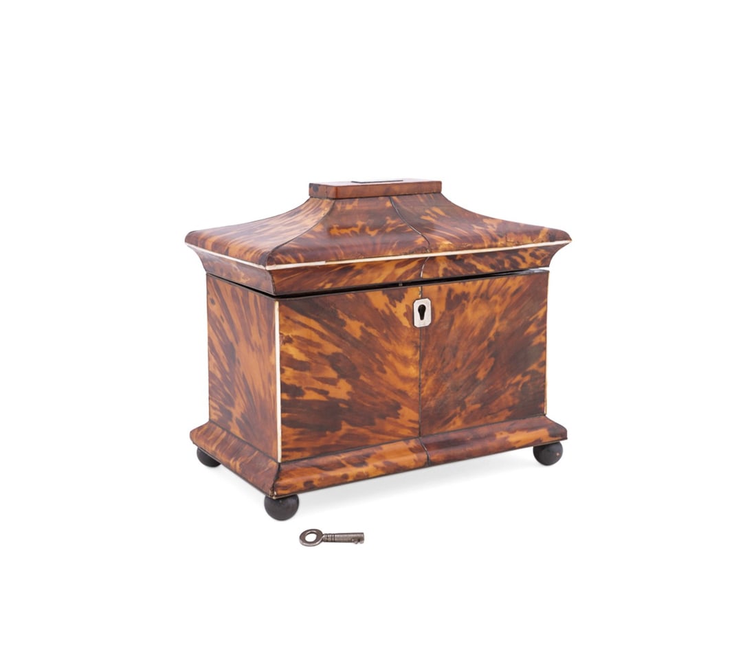 19TH C. REGENCY SHELL VENEER PAGODA LID TEA CADDY: English, 19th century. Regency rectangular-form shell veneer tea caddy, having a pagoda lid, silver monogram plaque (no apparent monogram), fitted with two lidded interior compartments, silver escutch