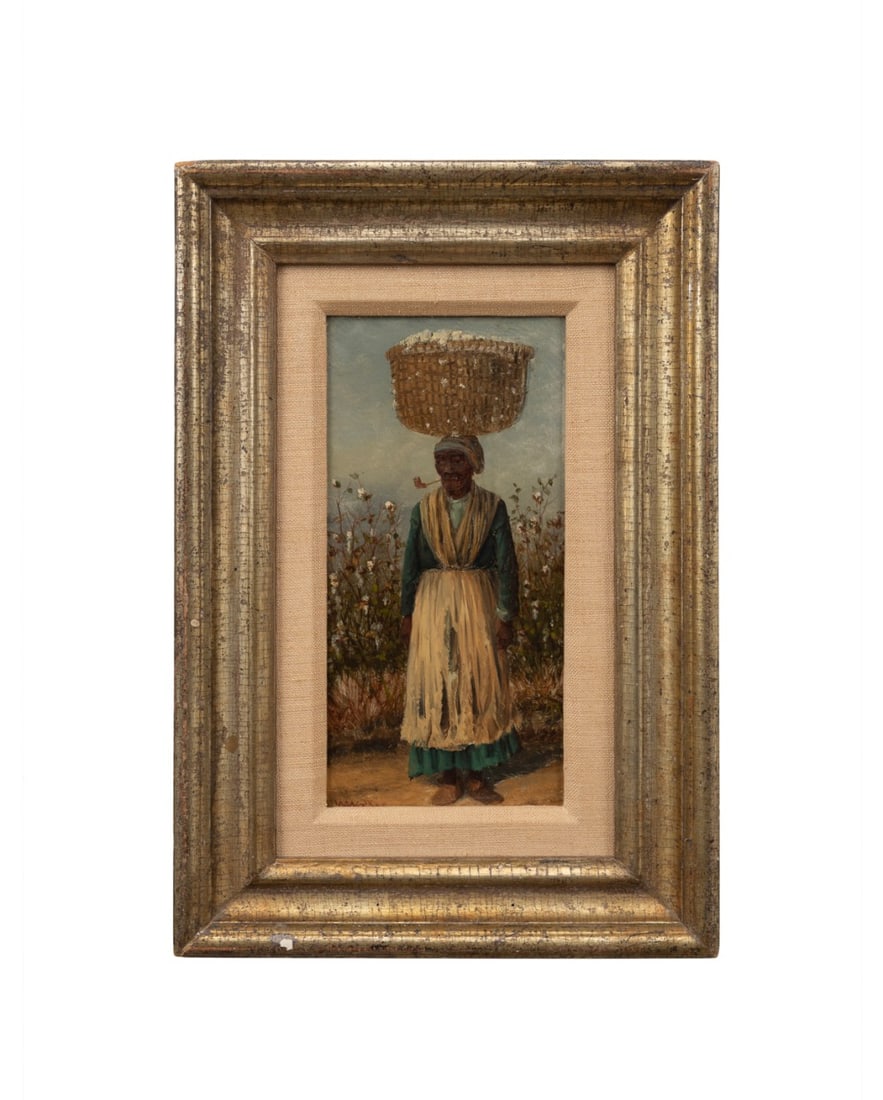 WILLIAM AIKEN WALKER, AUNTIE CLEO, OIL ON PANEL: William Aiken Walker (American / South Carolina, 1838-1921). "Auntie Cleo" - an elderly female cotton picker / sharecropper stands in front of a cotton field smoking a pipe with a basket of cotton bal