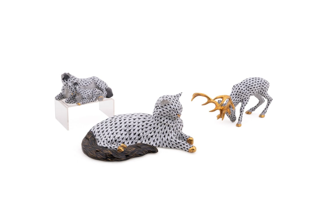 HEREND, THREE PORCELAIN BLACK FISHNET FIGURES (1 of 11)