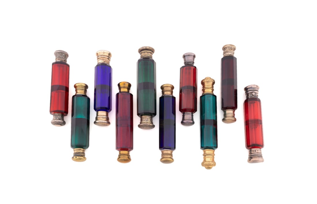 TEN VICTORIAN DOUBLE MULTICOLORED SCENT BOTTLES (1 of 7)