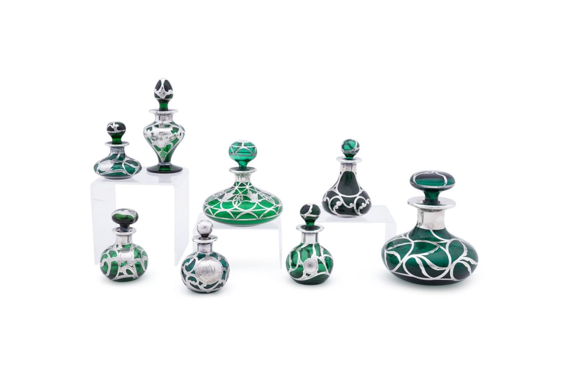EIGHT .999 SILVER OVER GREEN GLASS PERFUME BOTTLES (1 of 7)